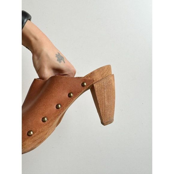 BOSABO Brown Leather Studded Wood Platform Heeled Clogs, Size 37 - Picture 8 of 15
